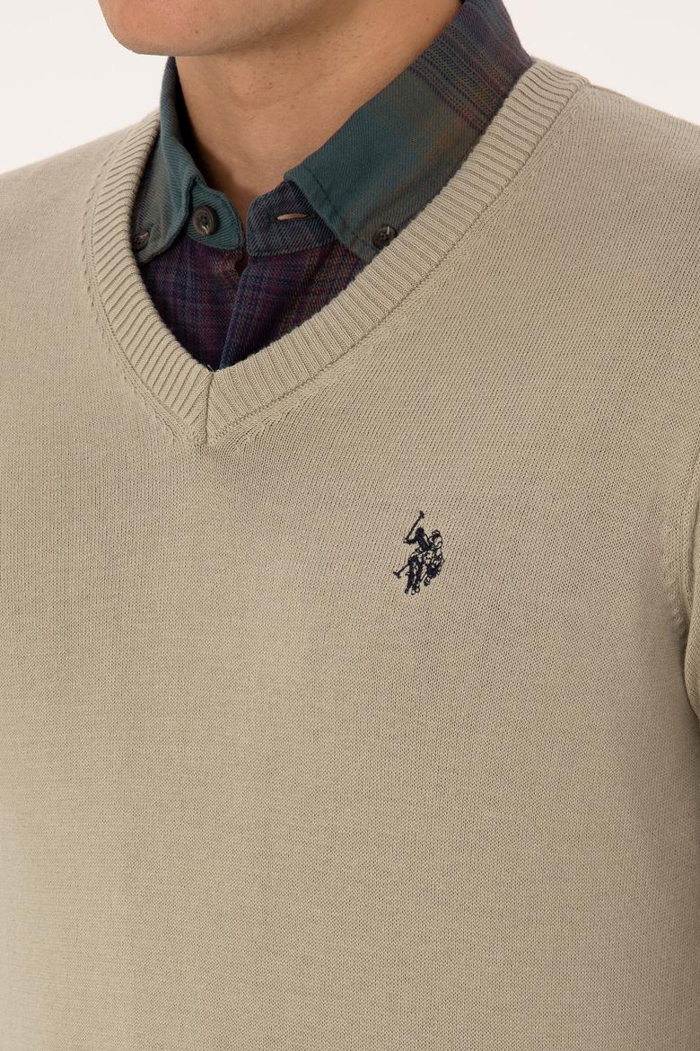 Erkek Slim Fit V Yaka Haki Melanj Basic Triko Kazak - 50313662177