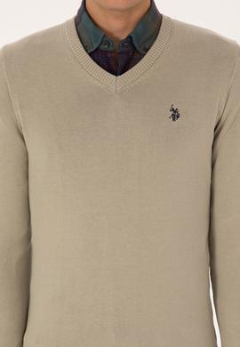 Erkek Slim Fit V Yaka Haki Melanj Basic Triko Kazak - 50313662177