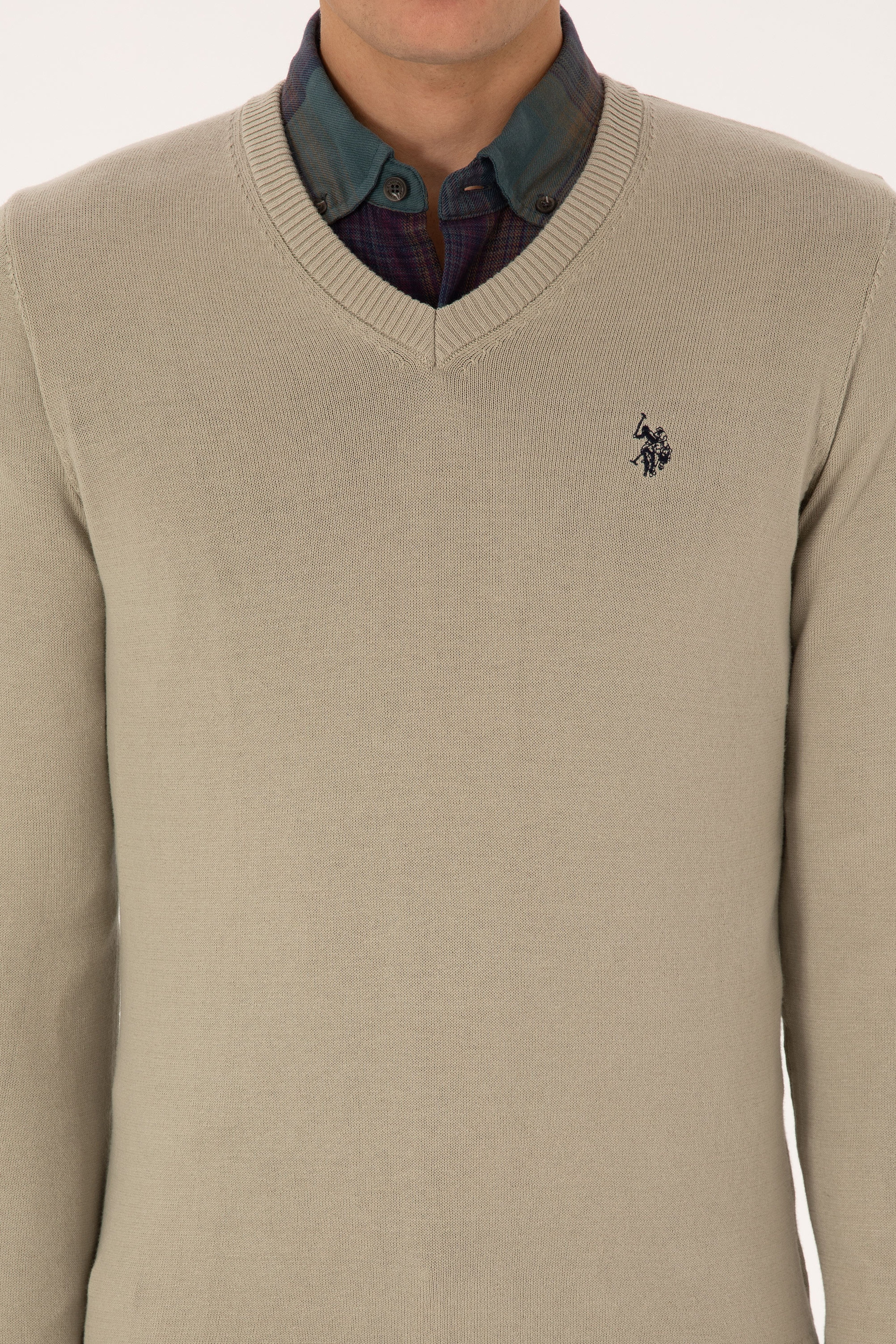 Erkek Slim Fit V Yaka Haki Melanj Basic Triko Kazak - Image 6