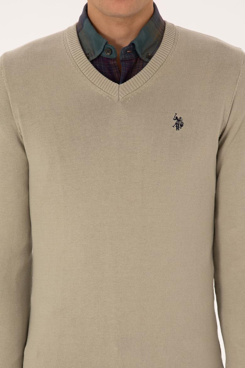 Erkek Slim Fit V Yaka Haki Melanj Basic Triko Kazak - 50313662177