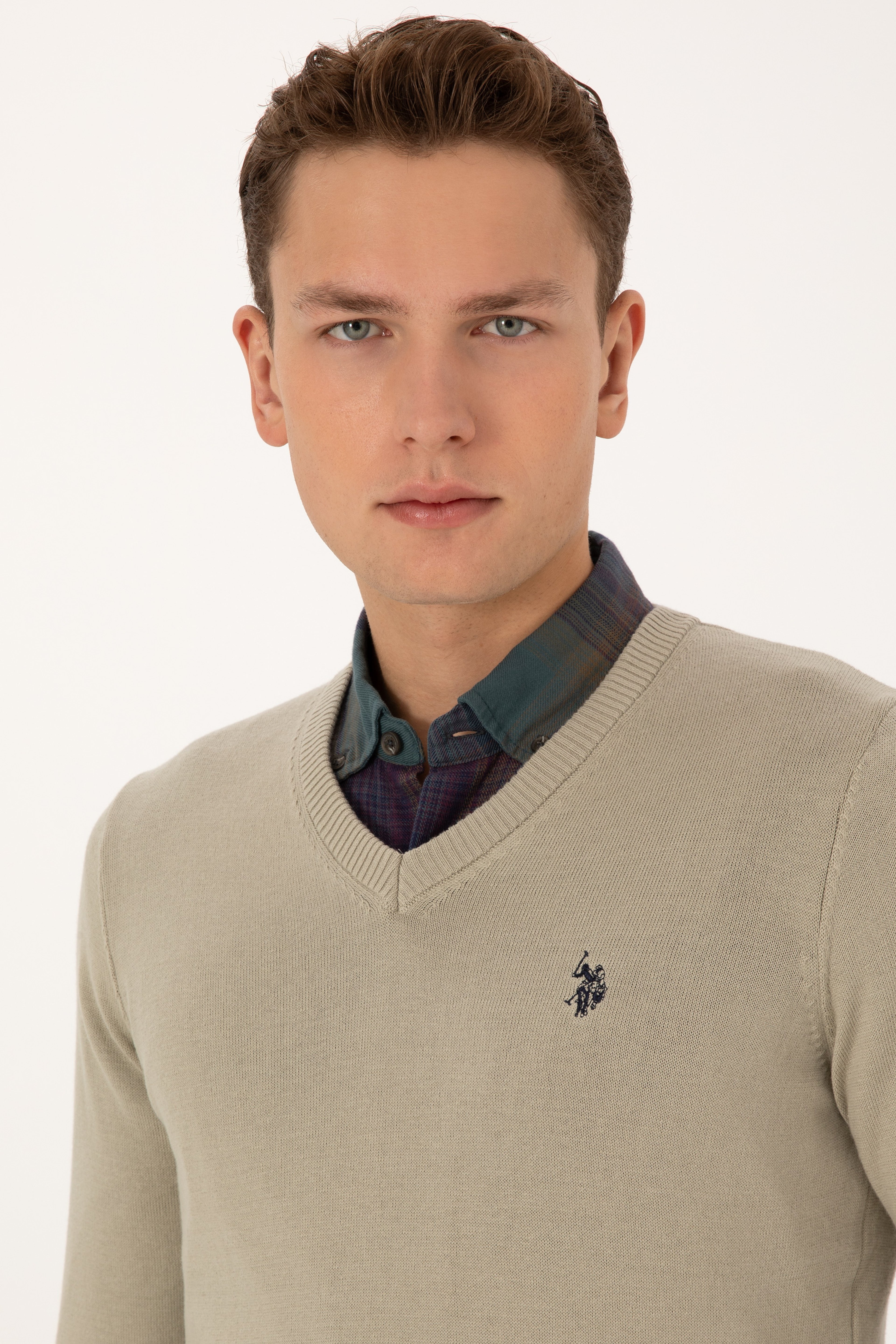 Erkek Slim Fit V Yaka Haki Melanj Basic Triko Kazak - Image 2