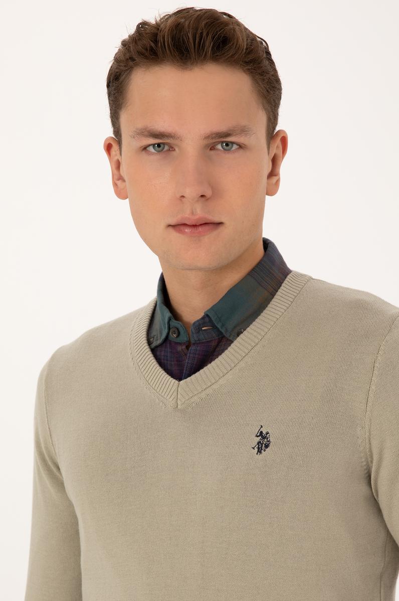 Erkek Slim Fit V Yaka Haki Melanj Basic Triko Kazak