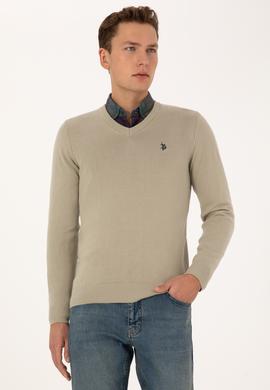 Erkek Slim Fit V Yaka Haki Melanj Basic Triko Kazak - 50313662177