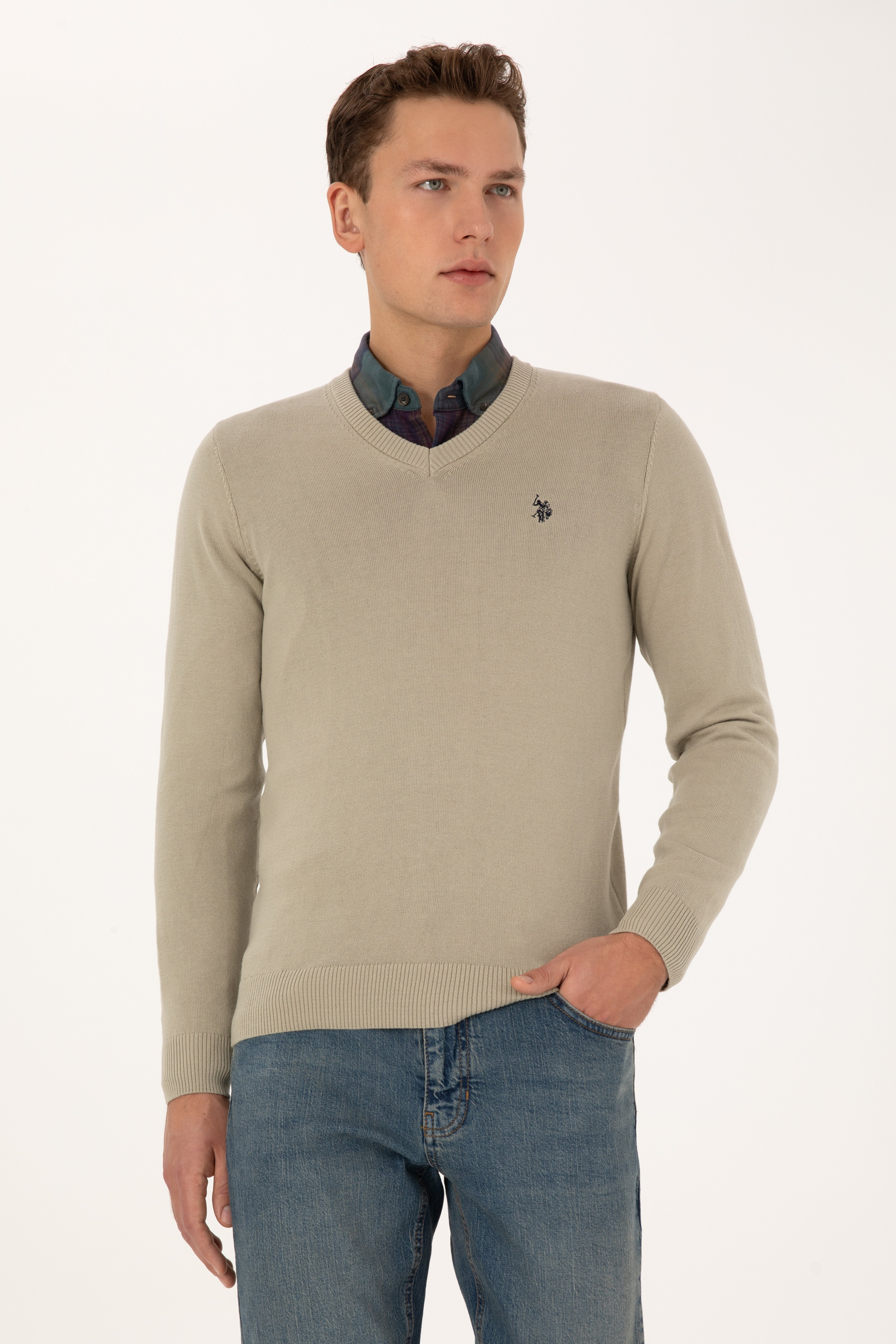 Erkek Slim Fit V Yaka Haki Melanj Basic Triko Kazak - Image 3
