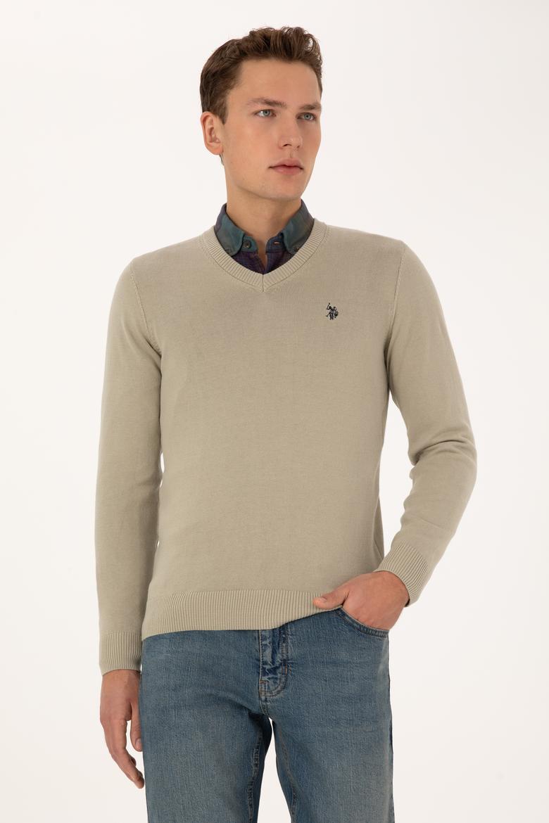 Erkek Slim Fit V Yaka Haki Melanj Basic Triko Kazak - 50313662177