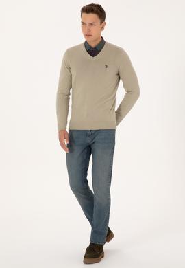 Erkek Slim Fit V Yaka Haki Melanj Basic Triko Kazak - 50313662177