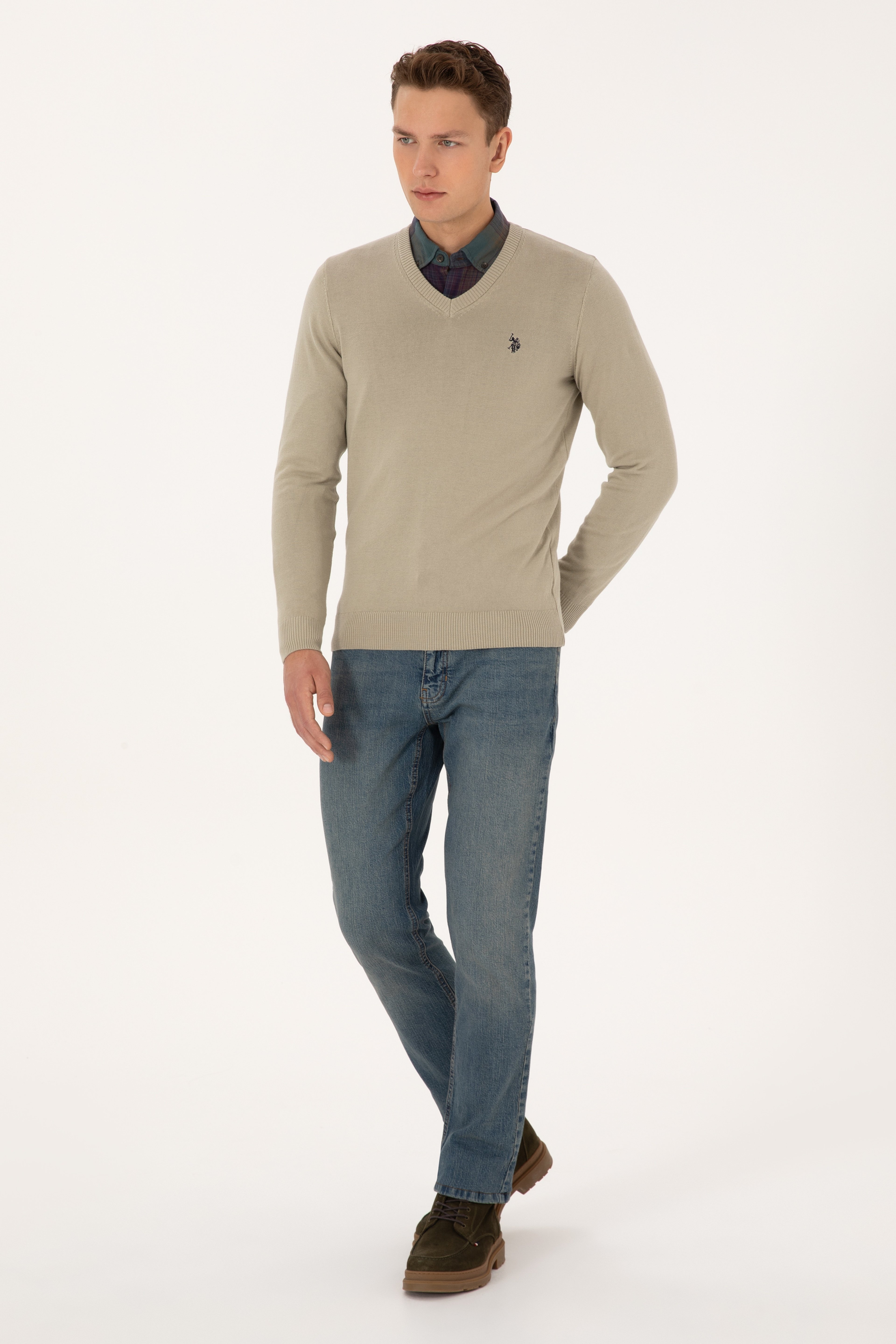 Erkek Slim Fit V Yaka Haki Melanj Basic Triko Kazak