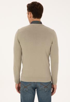 Erkek Slim Fit V Yaka Haki Melanj Basic Triko Kazak - 50313662177