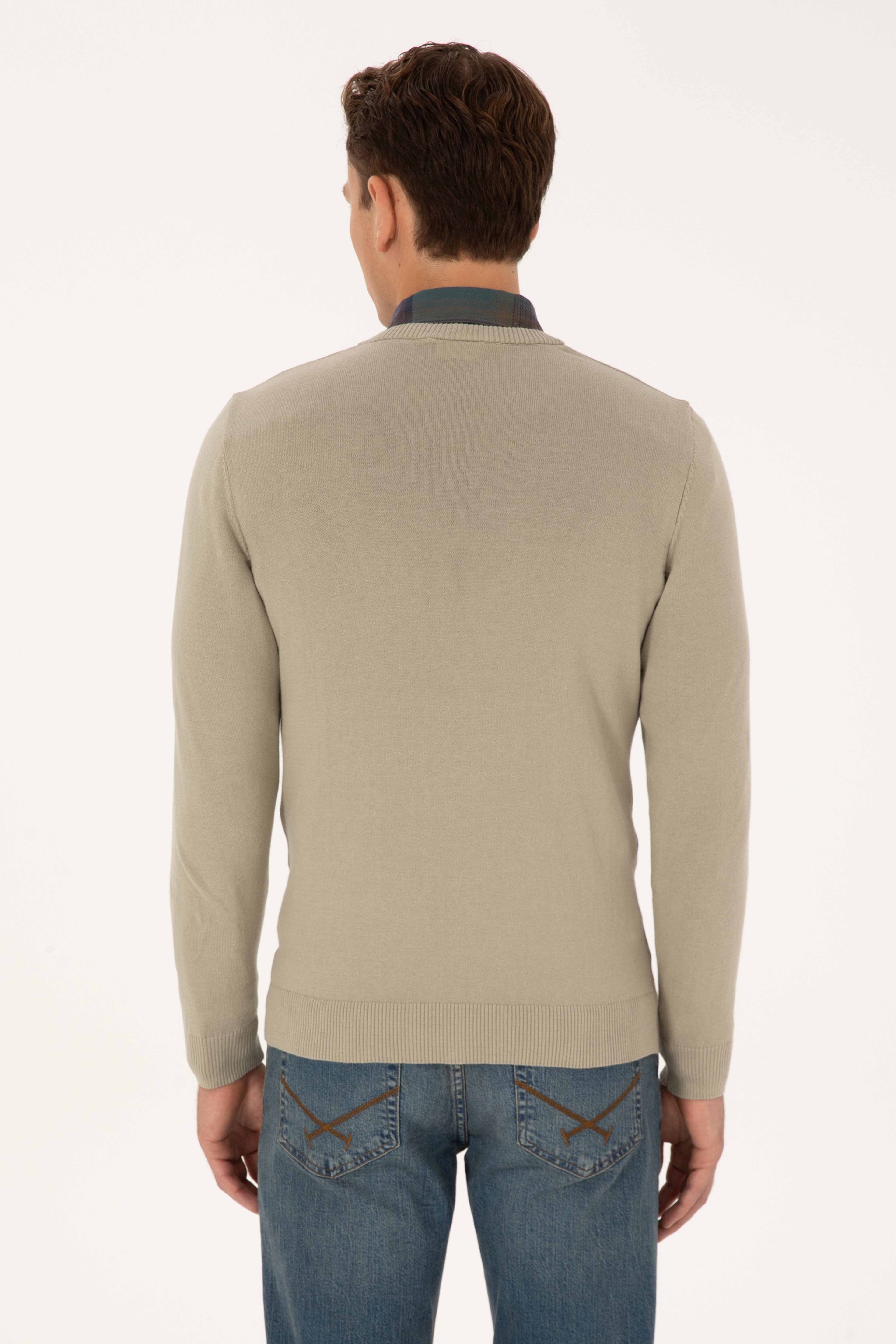 Erkek Slim Fit V Yaka Haki Melanj Basic Triko Kazak
