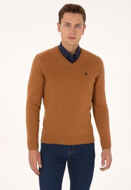 Erkek Slim Fit V Yaka Camel Basic Triko Kazak - 50313662086