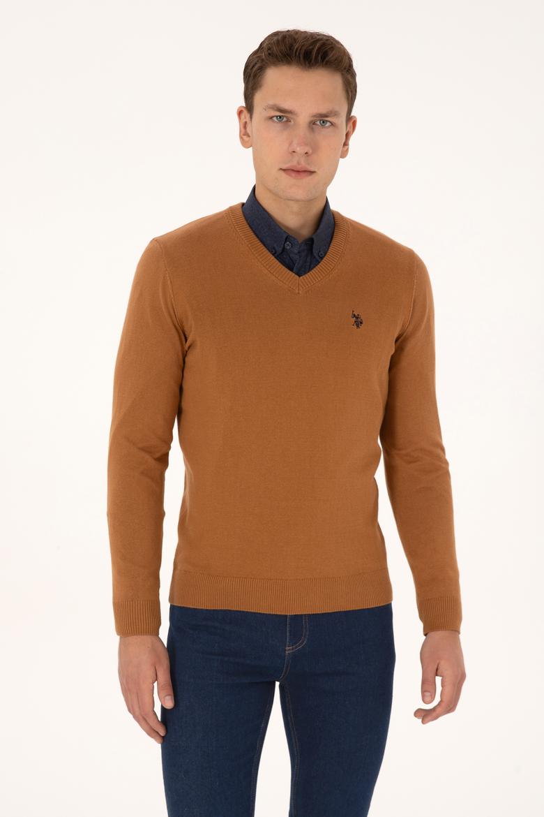 Erkek Slim Fit V Yaka Camel Basic Triko Kazak