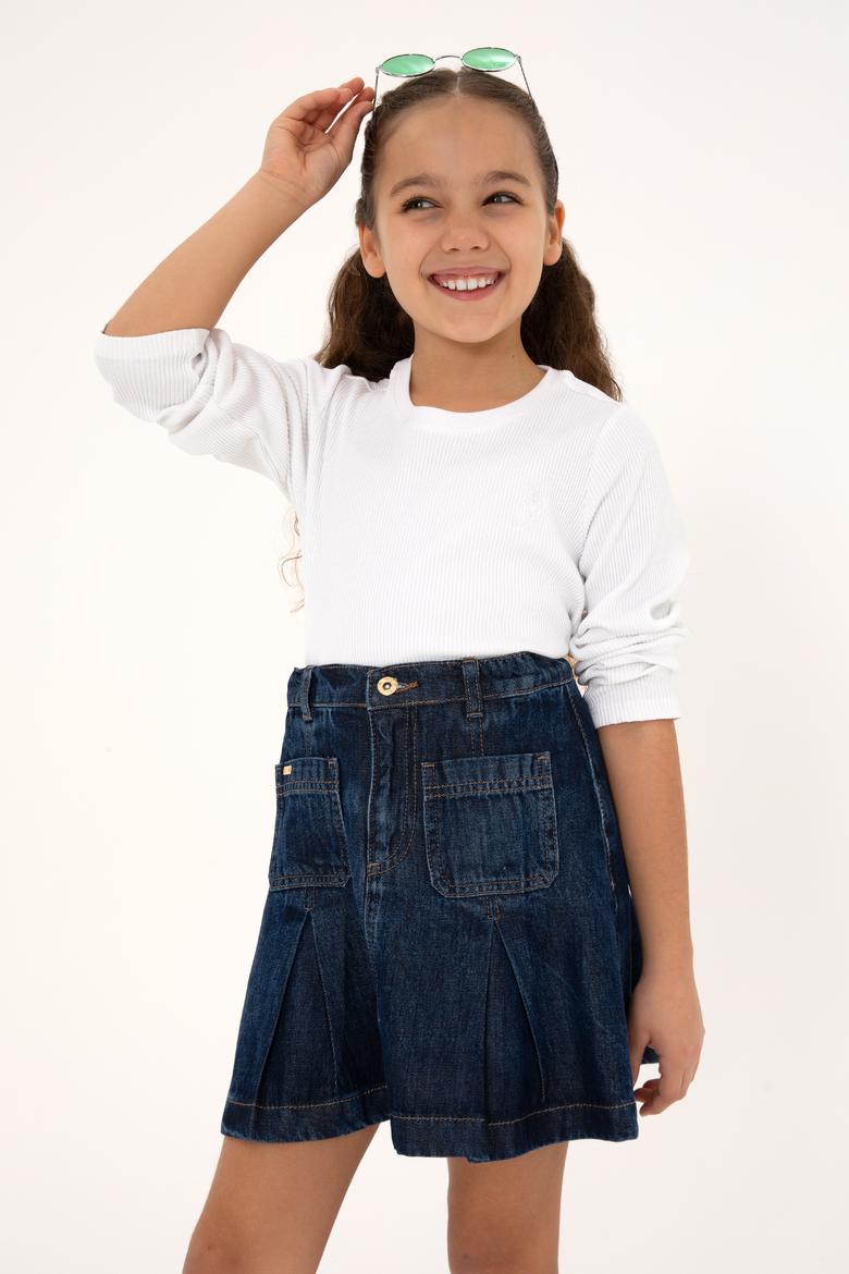 Kız Çocuk Beyaz Bisiklet Yaka Sweatshirt