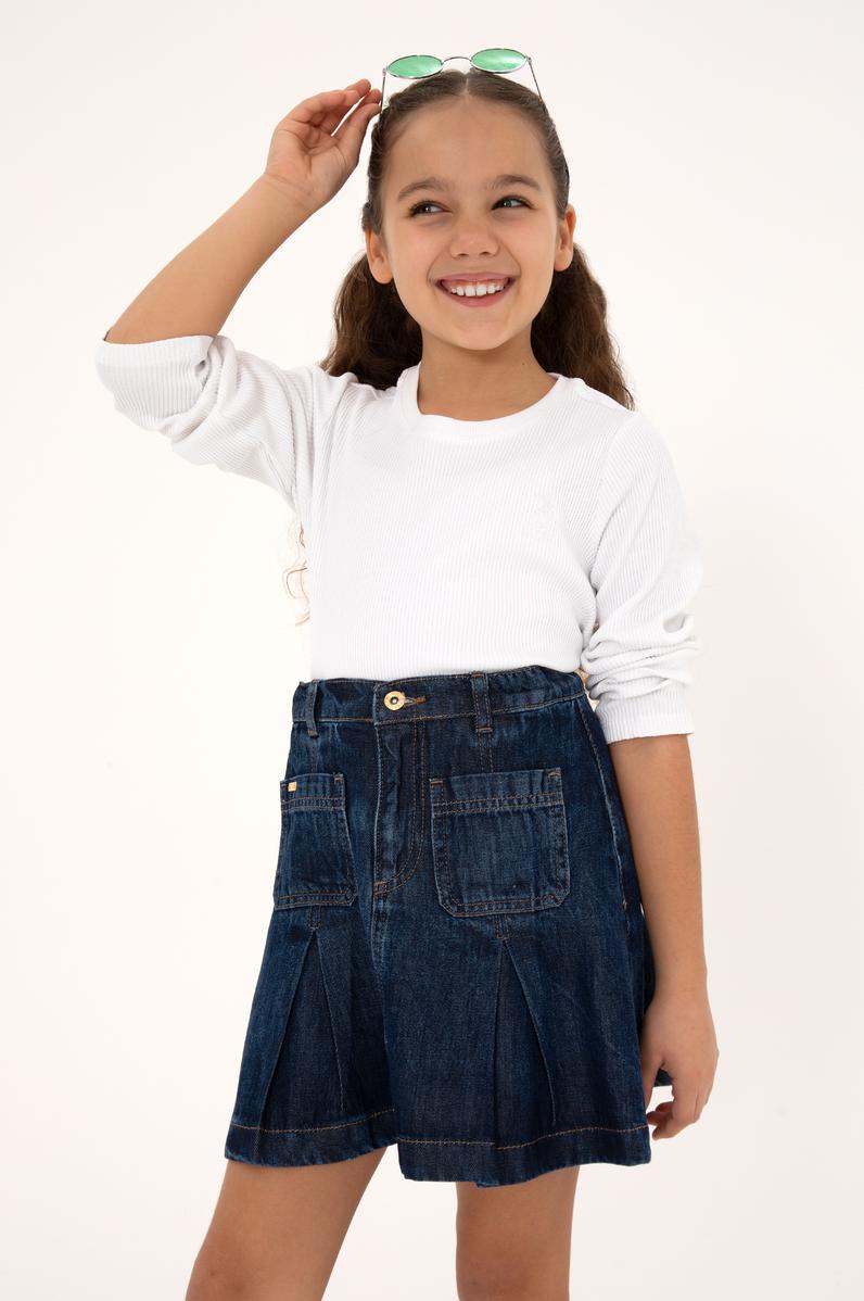 Kız Çocuk Beyaz Bisiklet Yaka Sweatshirt