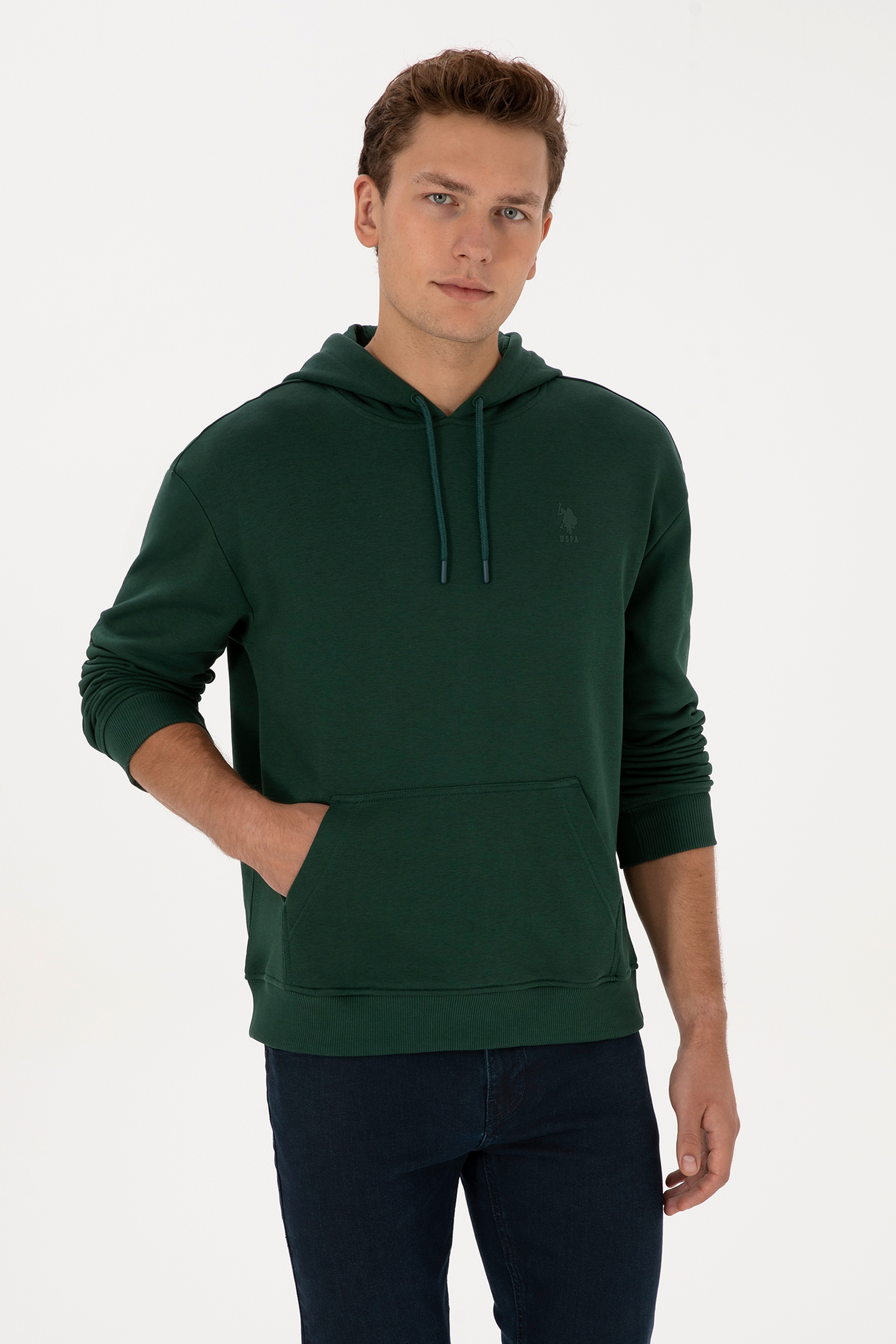 Erkek Comfort Fit Kapüşonlu Koyu Yeşil Basic Sweatshirt - Image 1