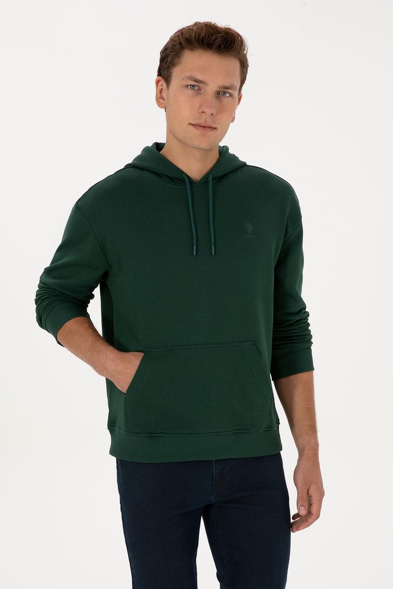 Erkek Comfort Fit Kapüşonlu Koyu Yeşil Basic Sweatshirt