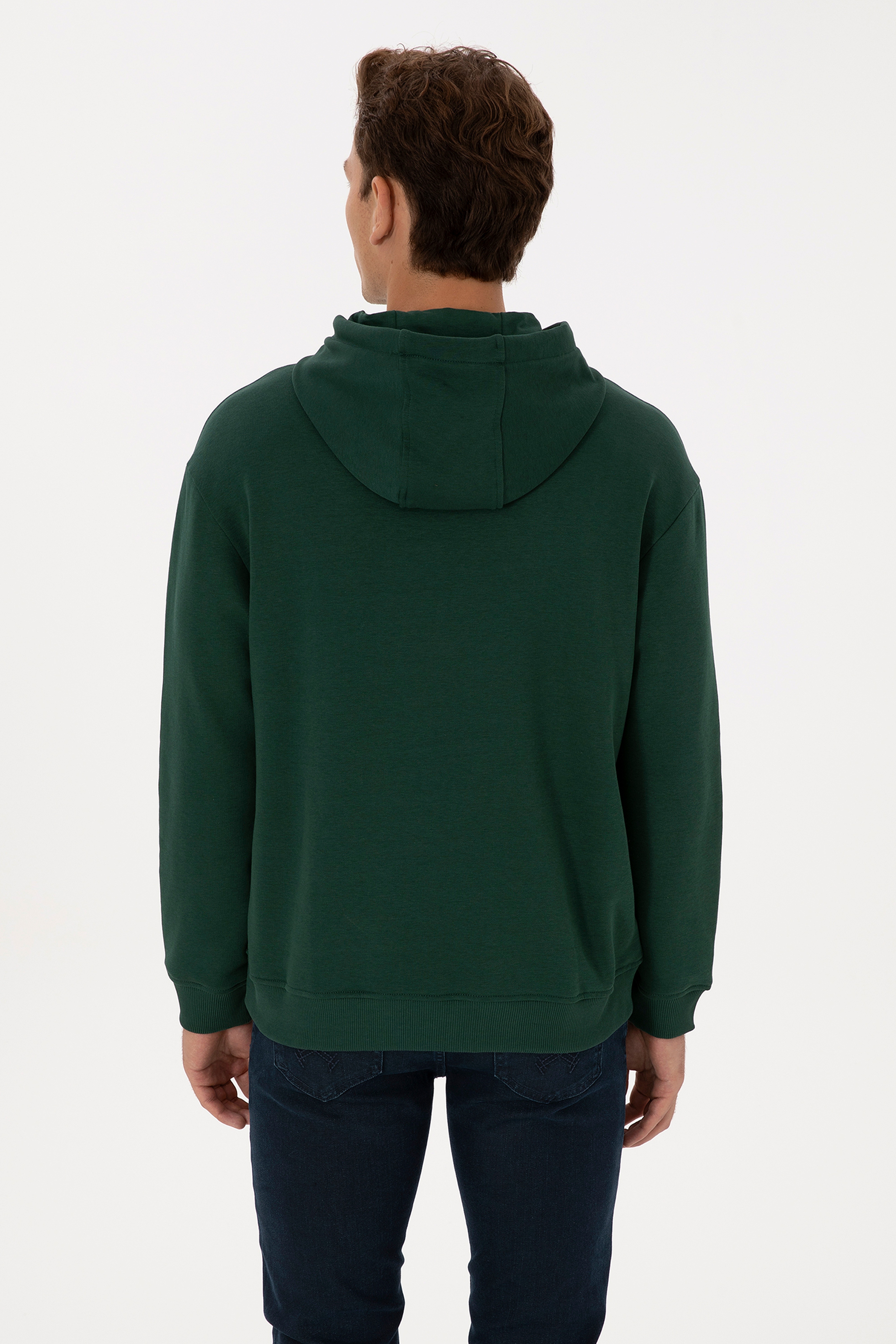 Erkek Comfort Fit Kapüşonlu Koyu Yeşil Basic Sweatshirt - Image 5