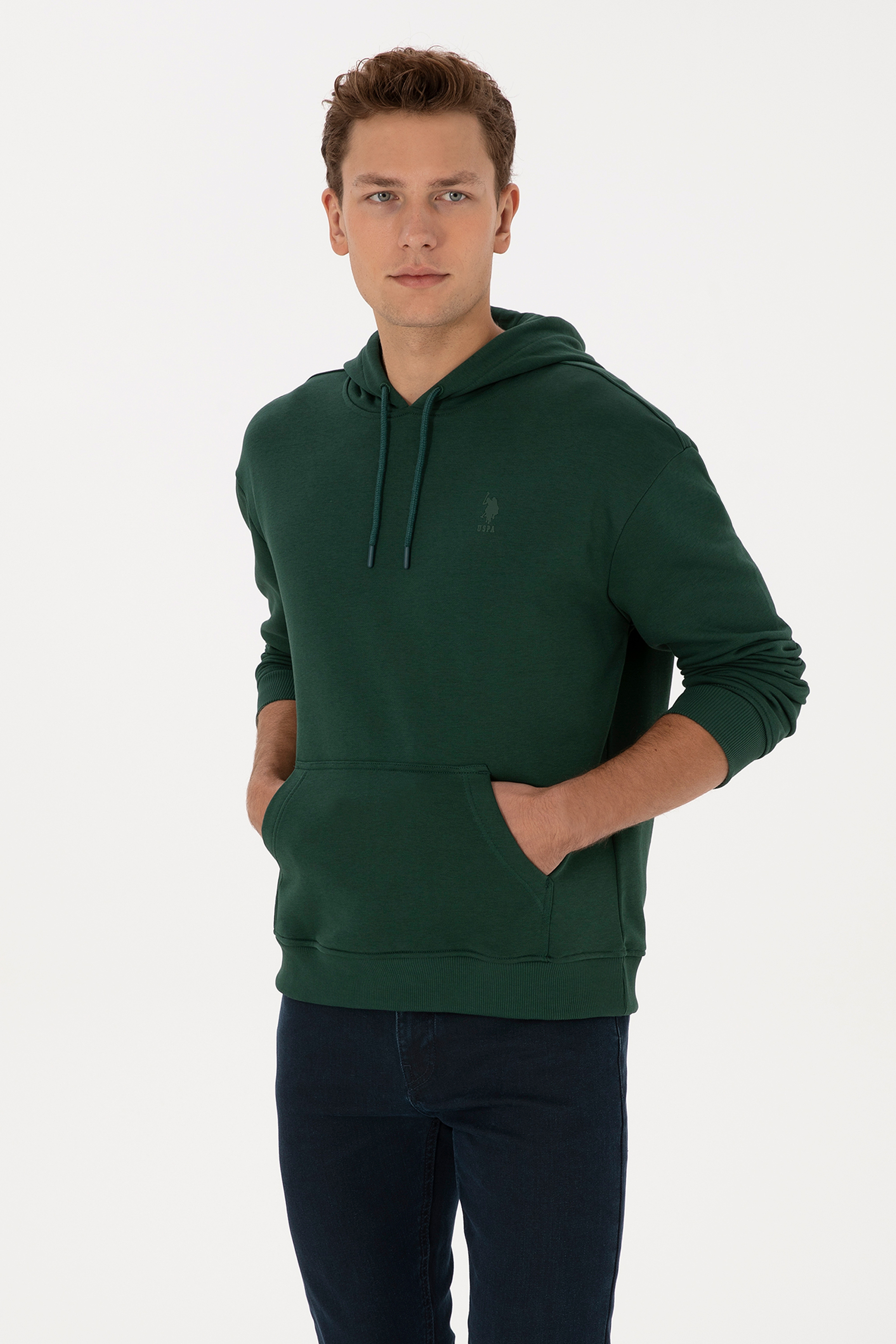 Erkek Comfort Fit Kapüşonlu Koyu Yeşil Basic Sweatshirt - Image 3