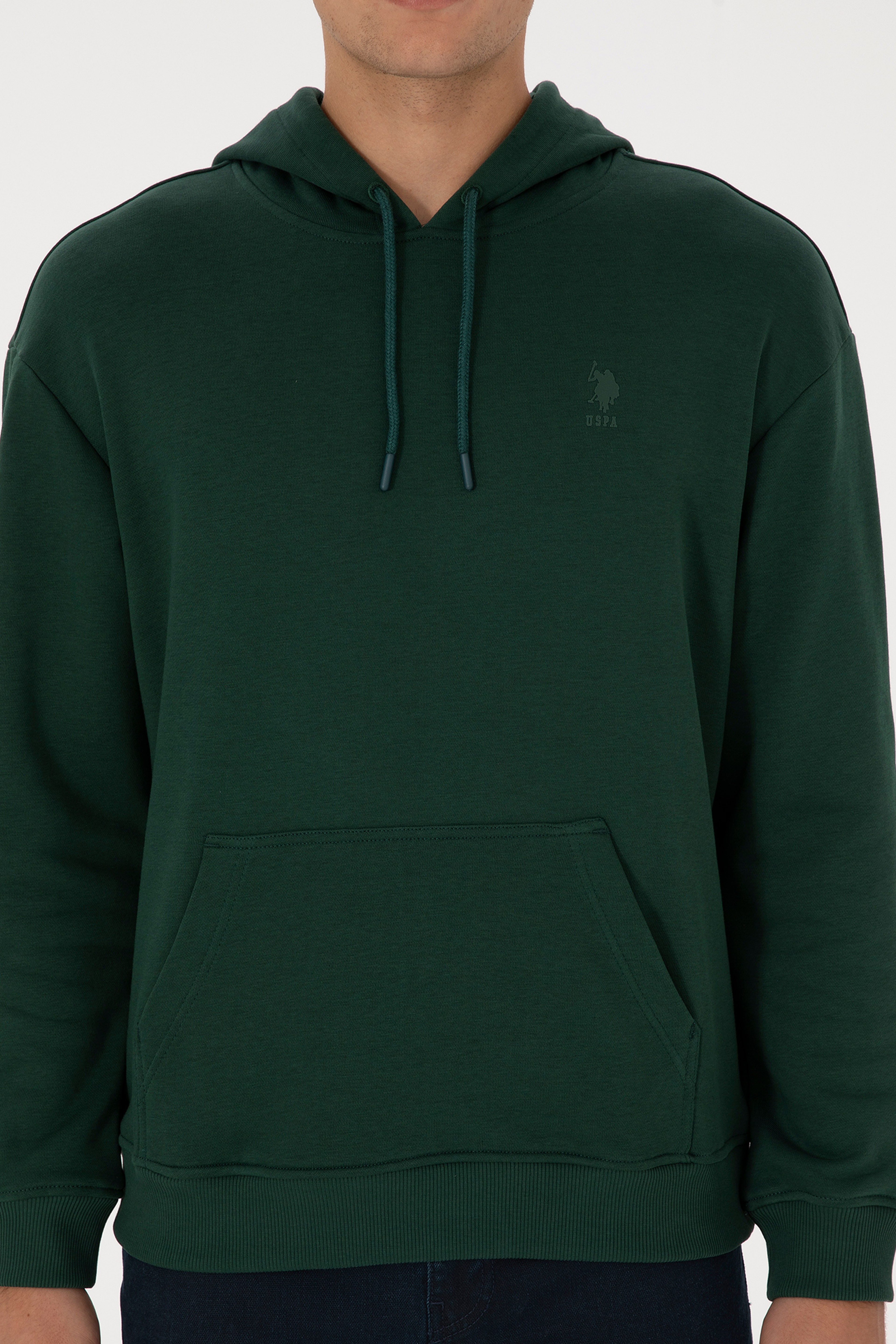 Erkek Comfort Fit Kapüşonlu Koyu Yeşil Basic Sweatshirt - Image 6