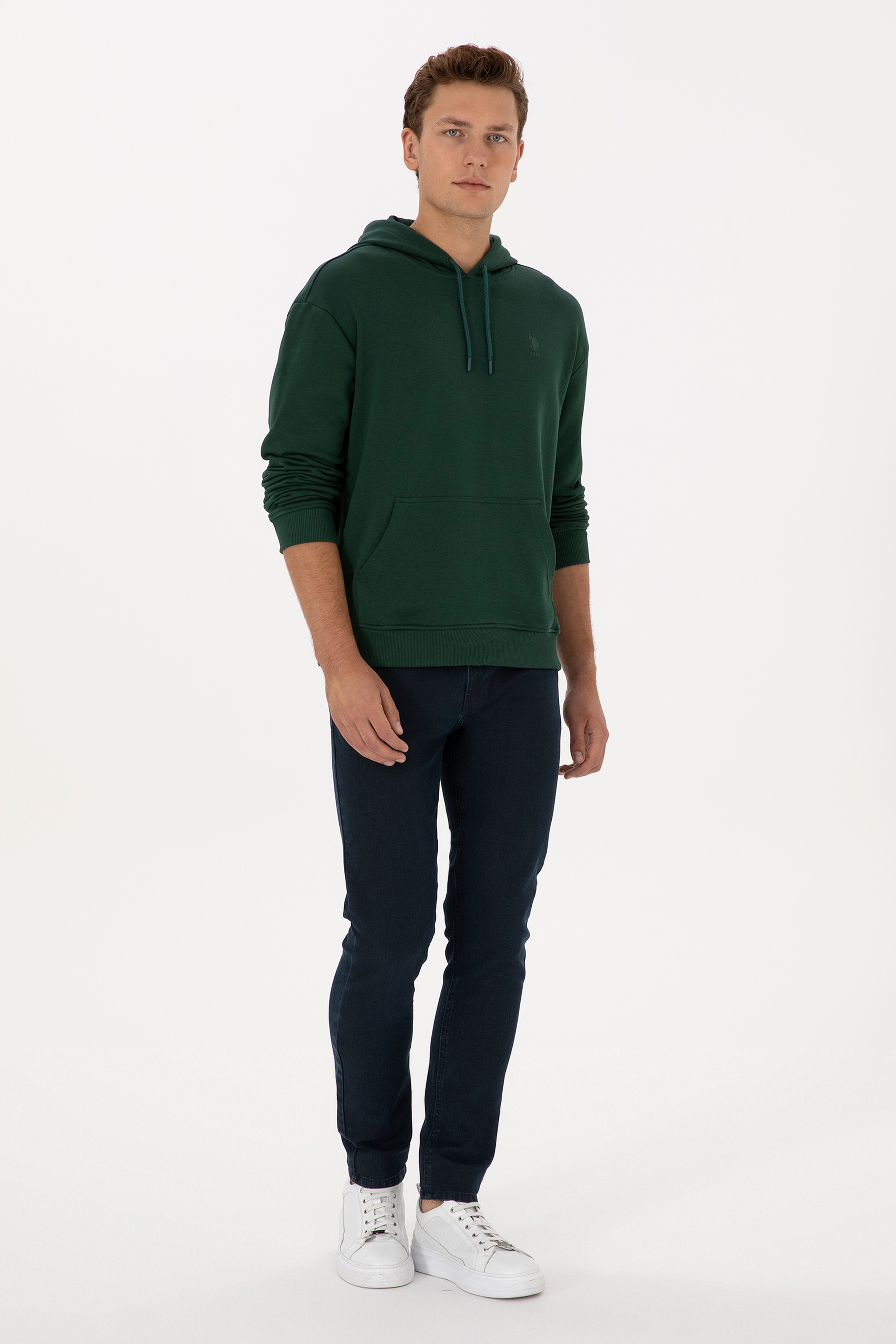 Erkek Comfort Fit Kapüşonlu Koyu Yeşil Basic Sweatshirt