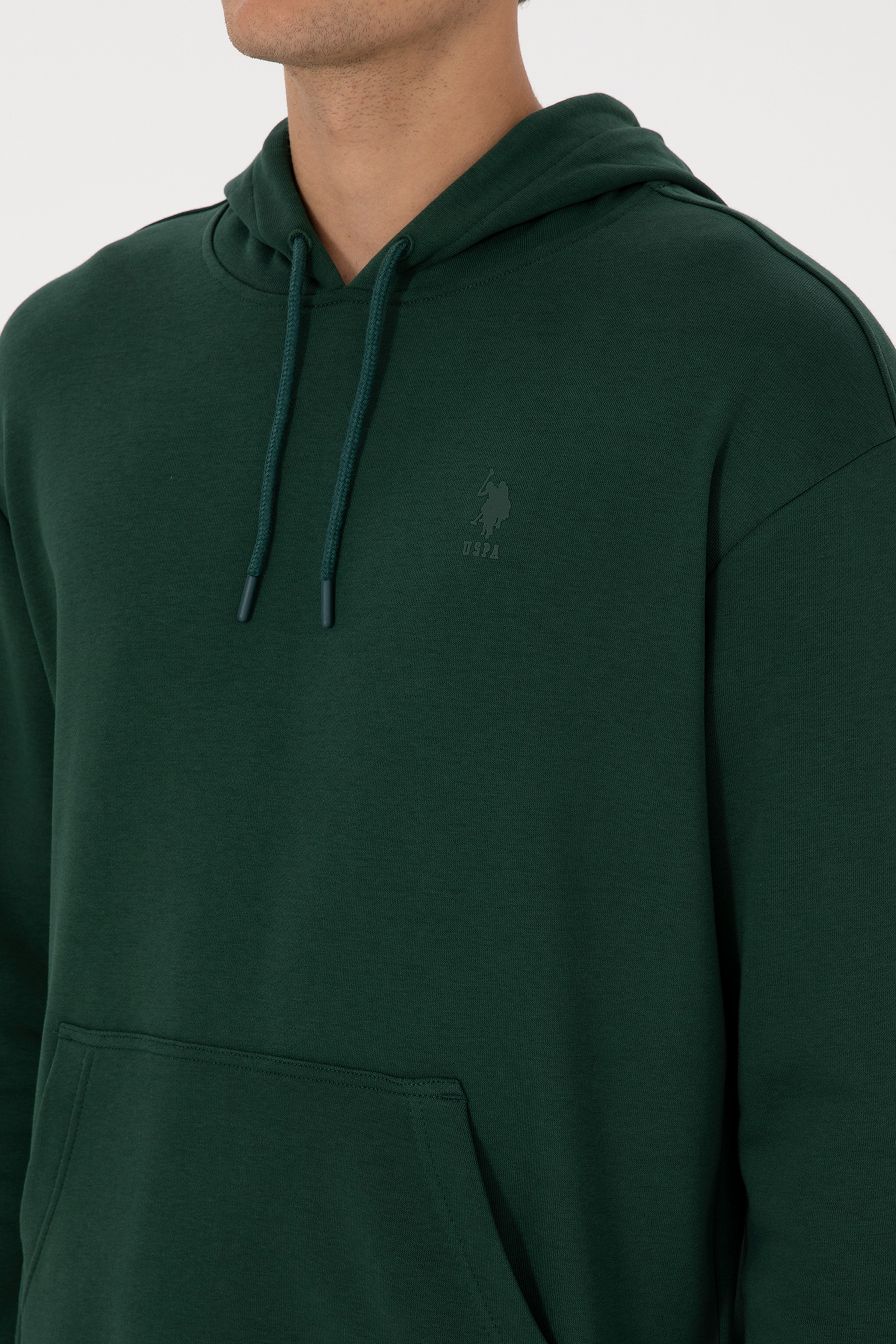 Erkek Comfort Fit Kapüşonlu Koyu Yeşil Basic Sweatshirt - Image 7