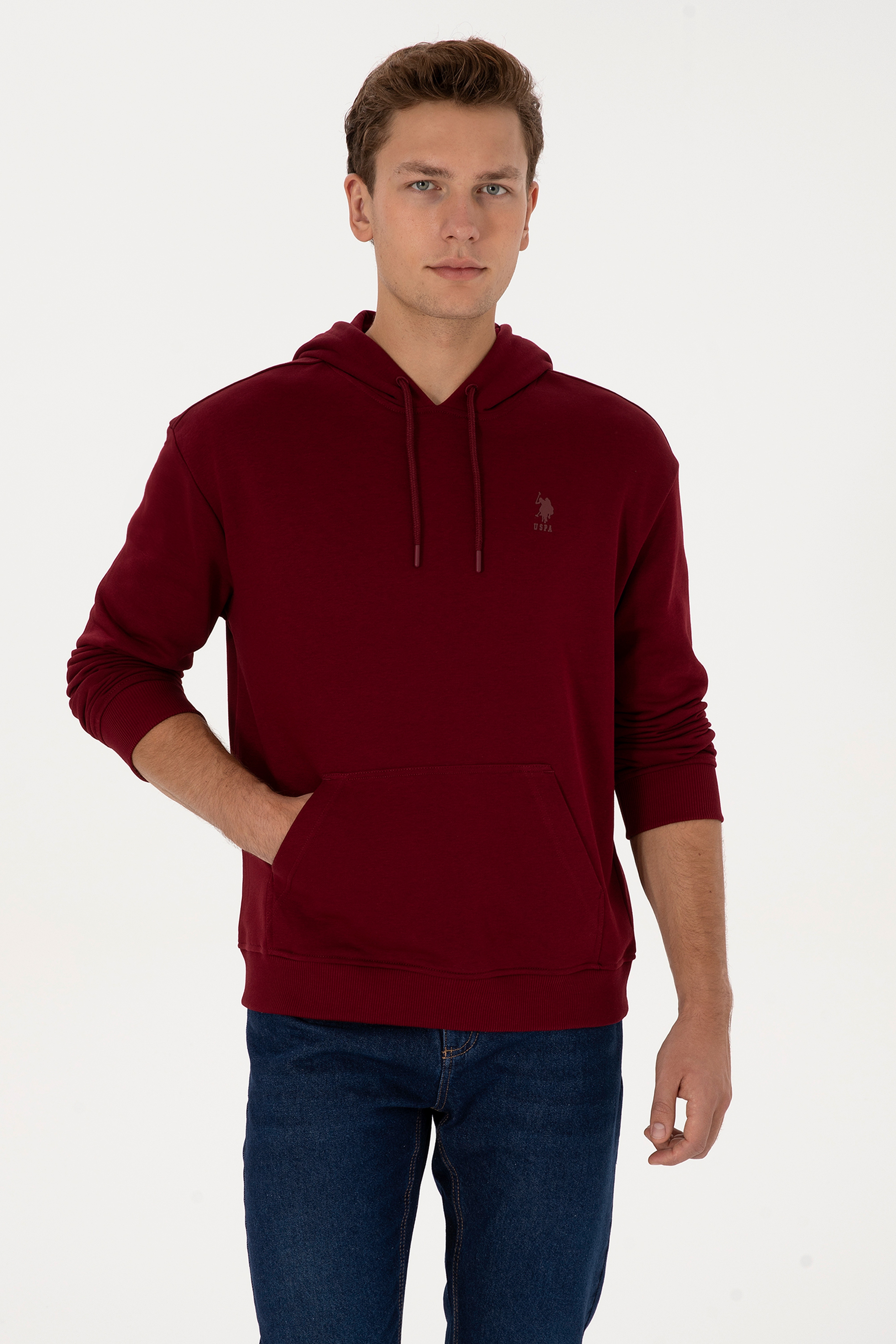 Erkek Comfort Fit Kapüşonlu Bordo Basic Sweatshirt - Image 1