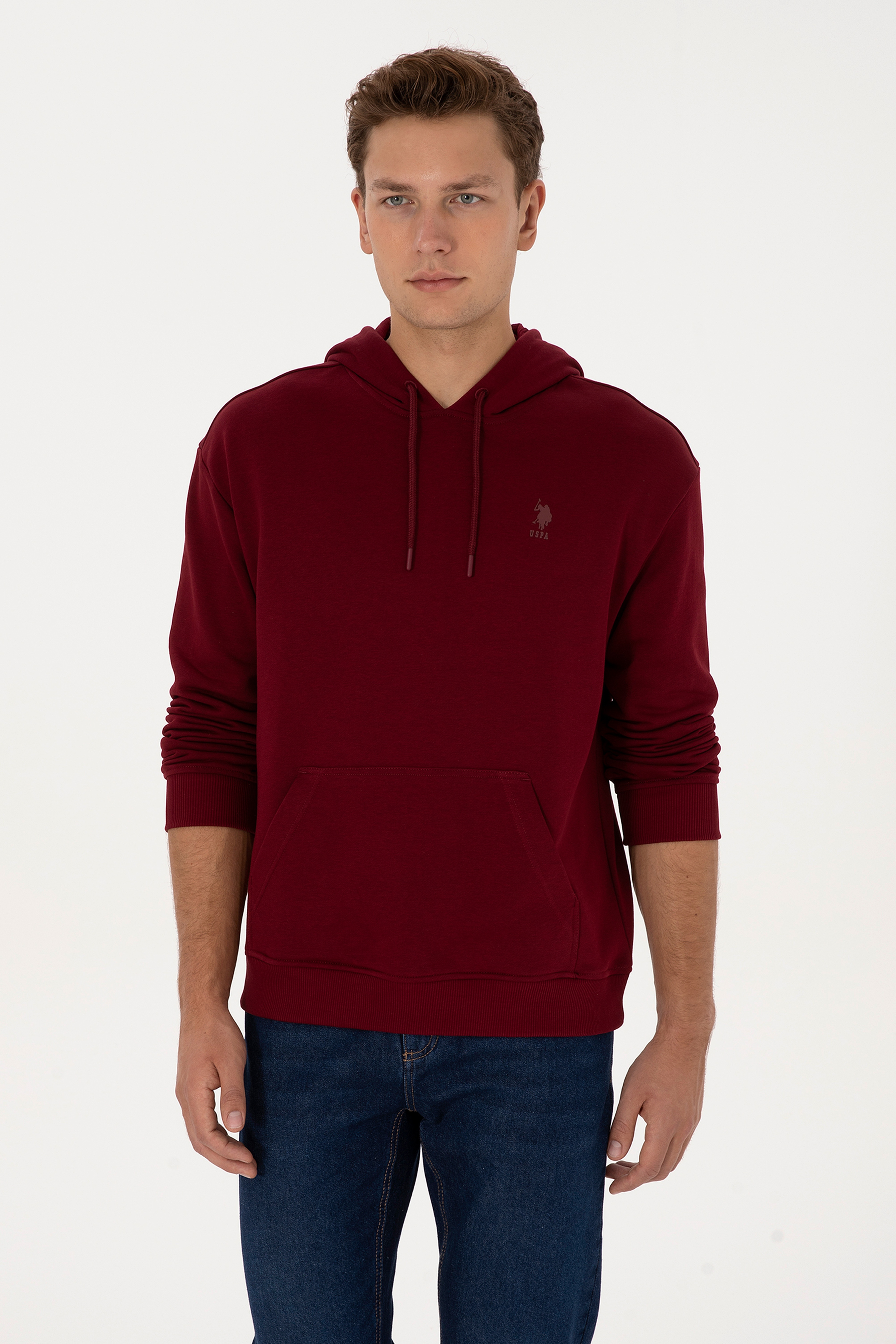 Erkek Comfort Fit Kapüşonlu Bordo Basic Sweatshirt
