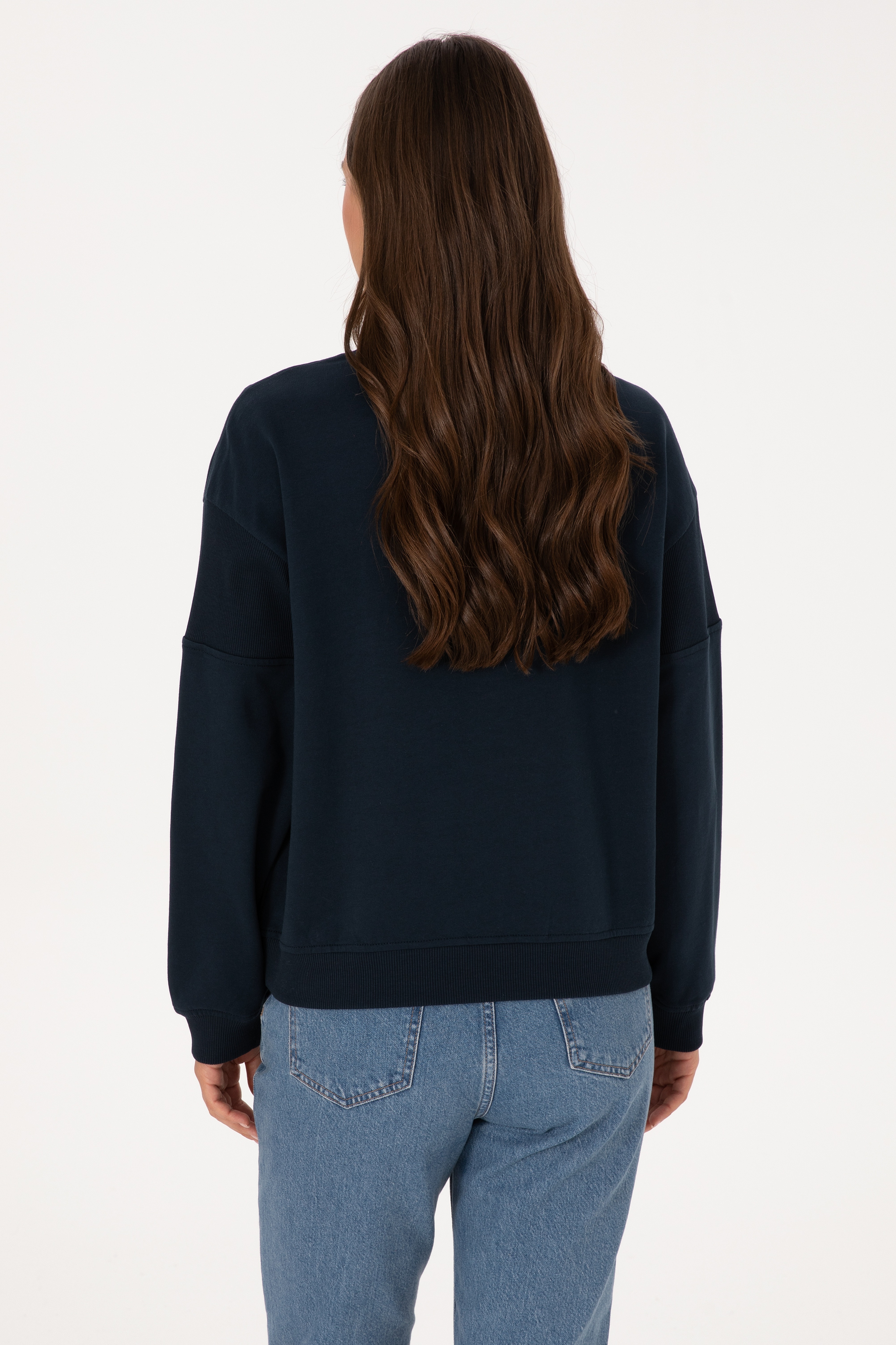 Kadın Lacivert Pamuklu Bisiklet Yaka Sweatshirt