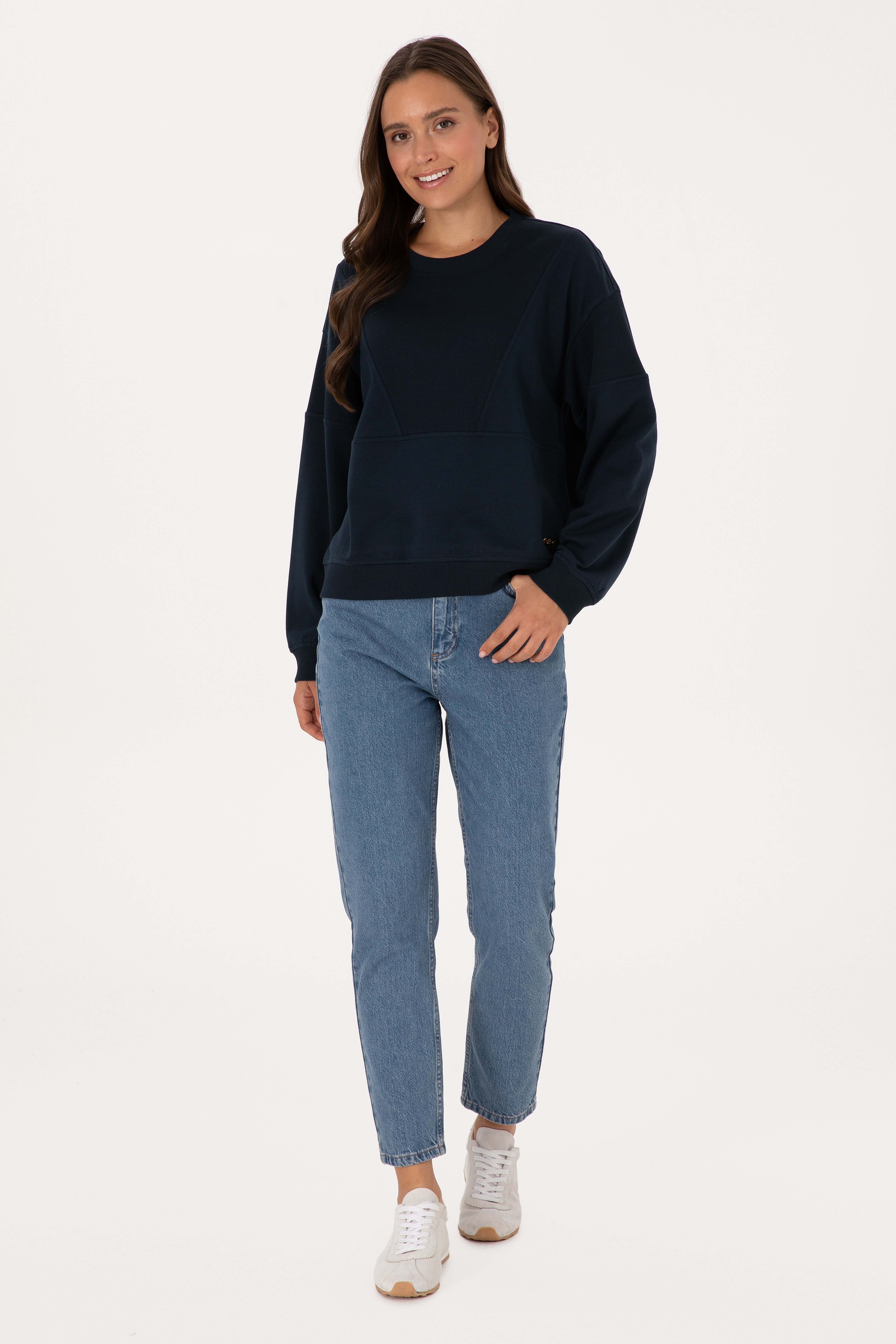Kadın Lacivert Pamuklu Bisiklet Yaka Sweatshirt