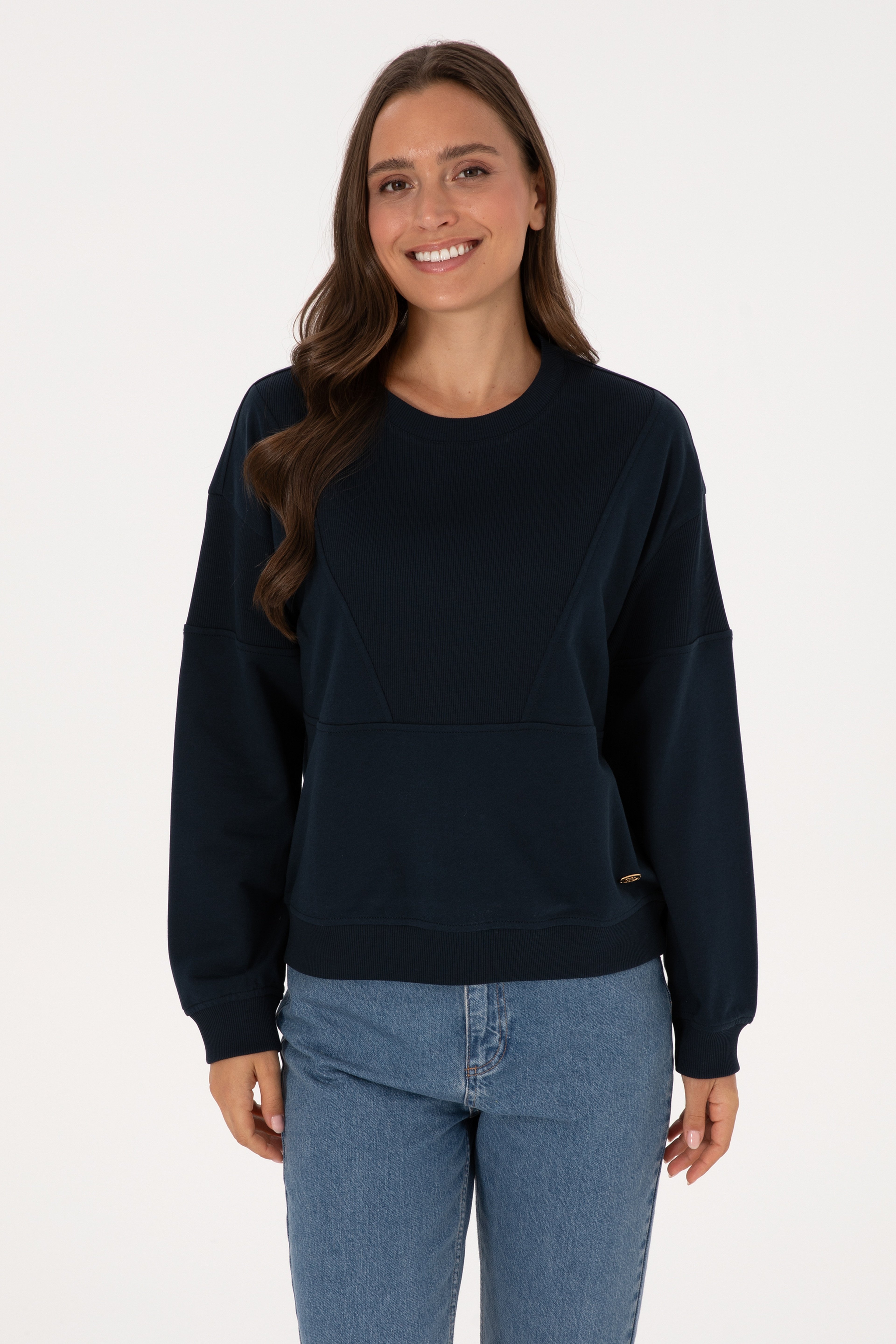 Kadın Lacivert Pamuklu Bisiklet Yaka Sweatshirt