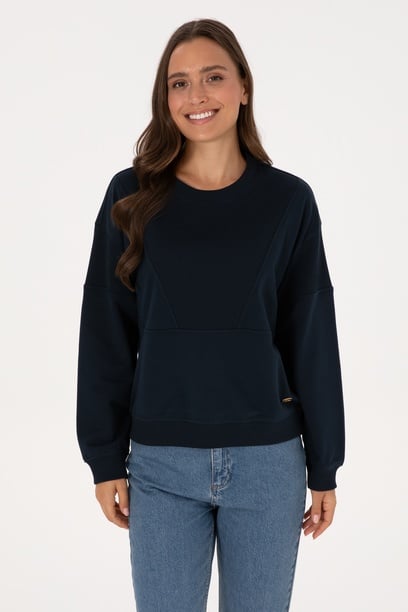 Kadın Lacivert Pamuklu Bisiklet Yaka Sweatshirt