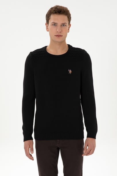 Erkek Slim Fit Bisiklet Yaka Siyah Kazak