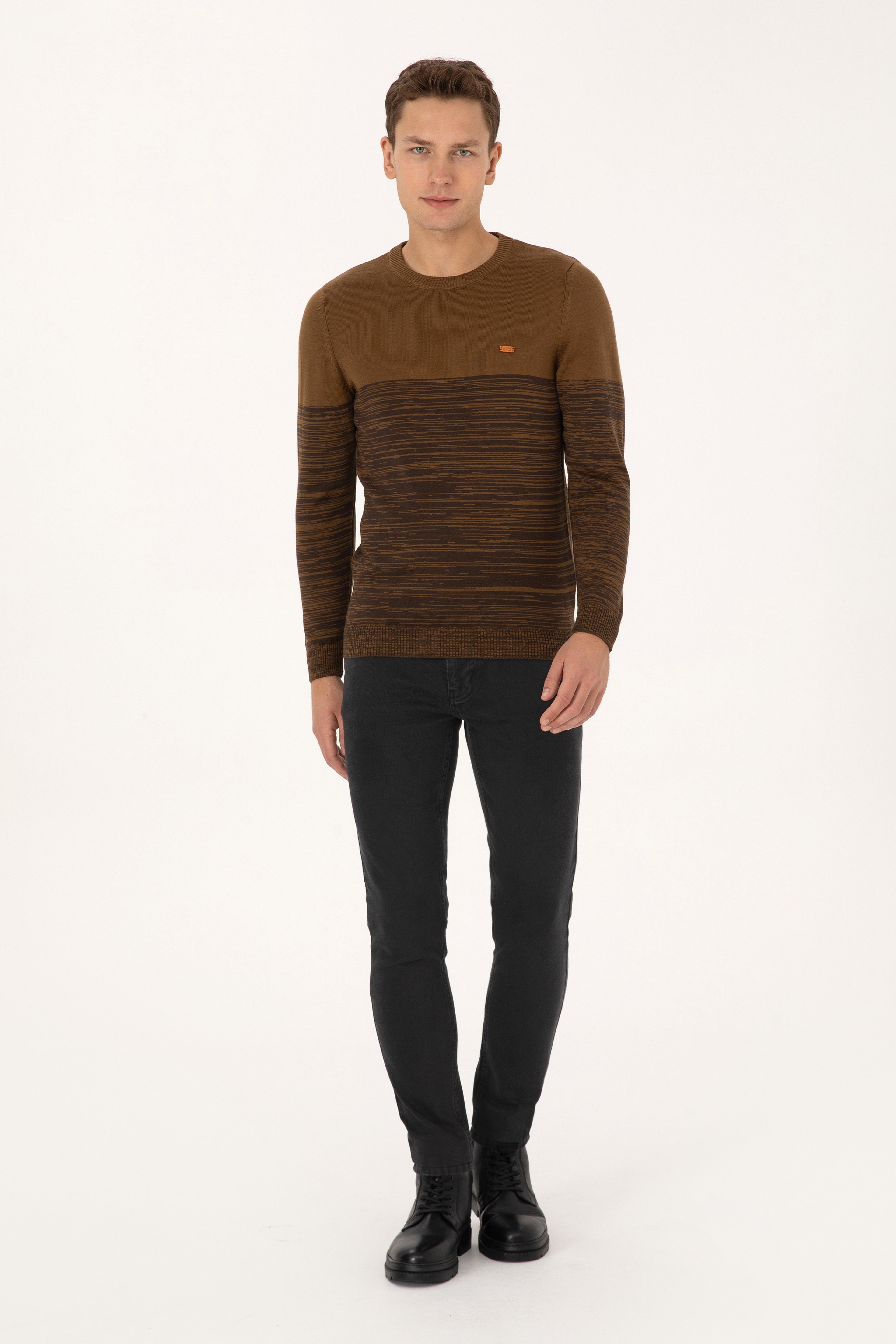 Erkek Slim Fit Bisiklet Yaka Haki Kazak - Image 4