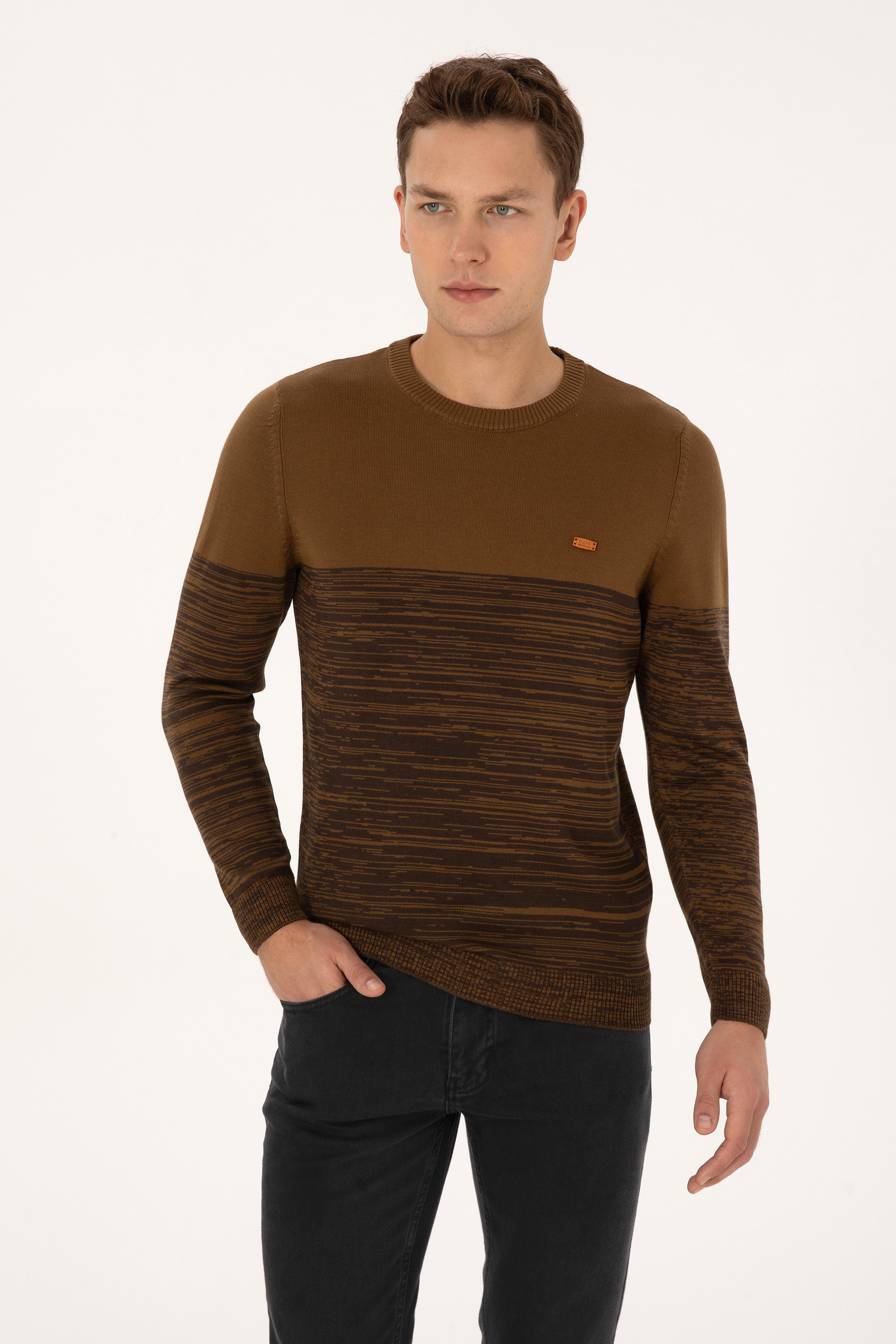 Erkek Slim Fit Bisiklet Yaka Haki Kazak - Image 3