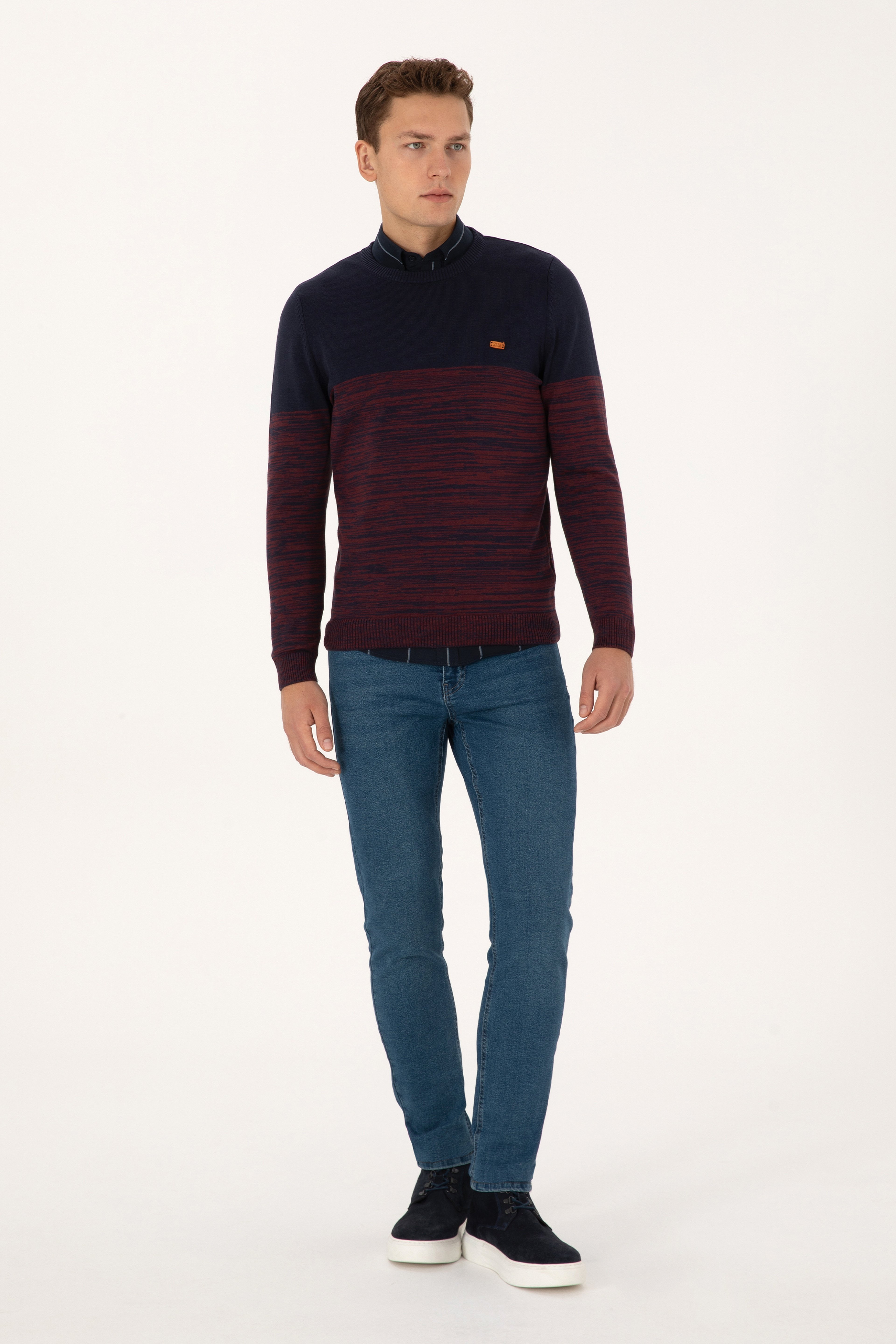 Erkek Slim Fit Bisiklet Yaka Lacivert Kazak - Image 4