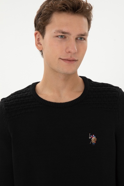 Erkek Slim Fit Bisiklet Yaka Siyah Kazak