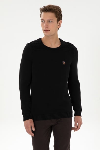 Erkek Slim Fit Bisiklet Yaka Siyah Kazak