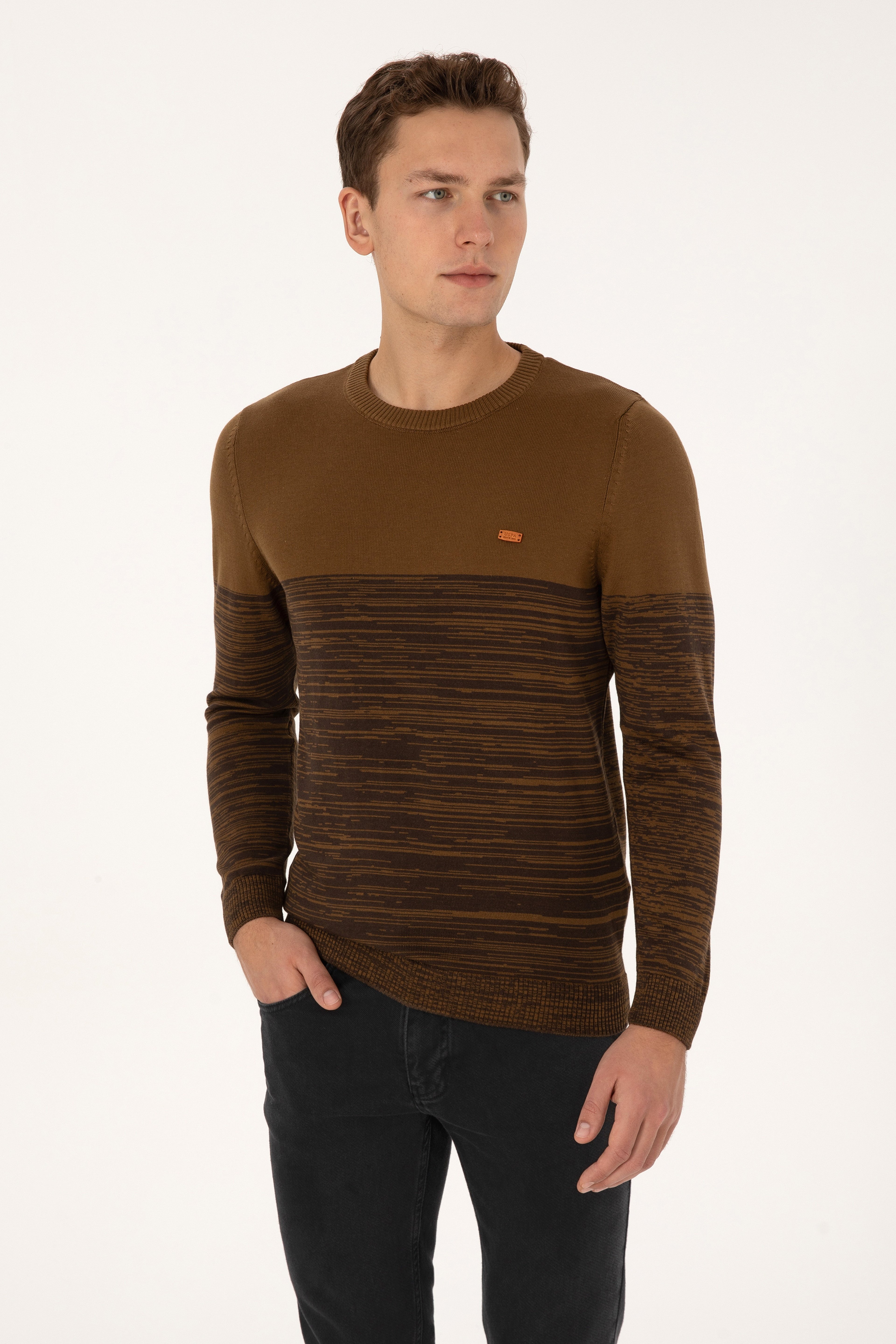 Erkek Slim Fit Bisiklet Yaka Haki Kazak - Image 1