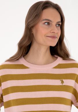 Kadın Pudra Çizgili Bisiklet Yaka Kazak - 50314653027