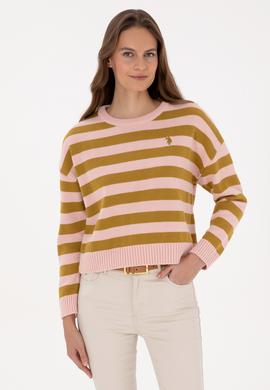 Kadın Pudra Çizgili Bisiklet Yaka Kazak - 50314653027