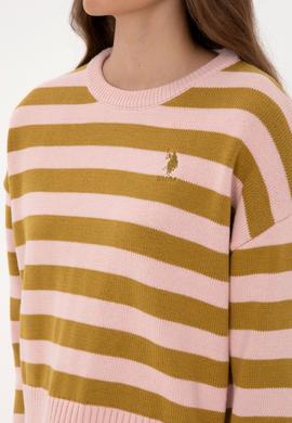 Kadın Pudra Çizgili Bisiklet Yaka Kazak - 50314653027