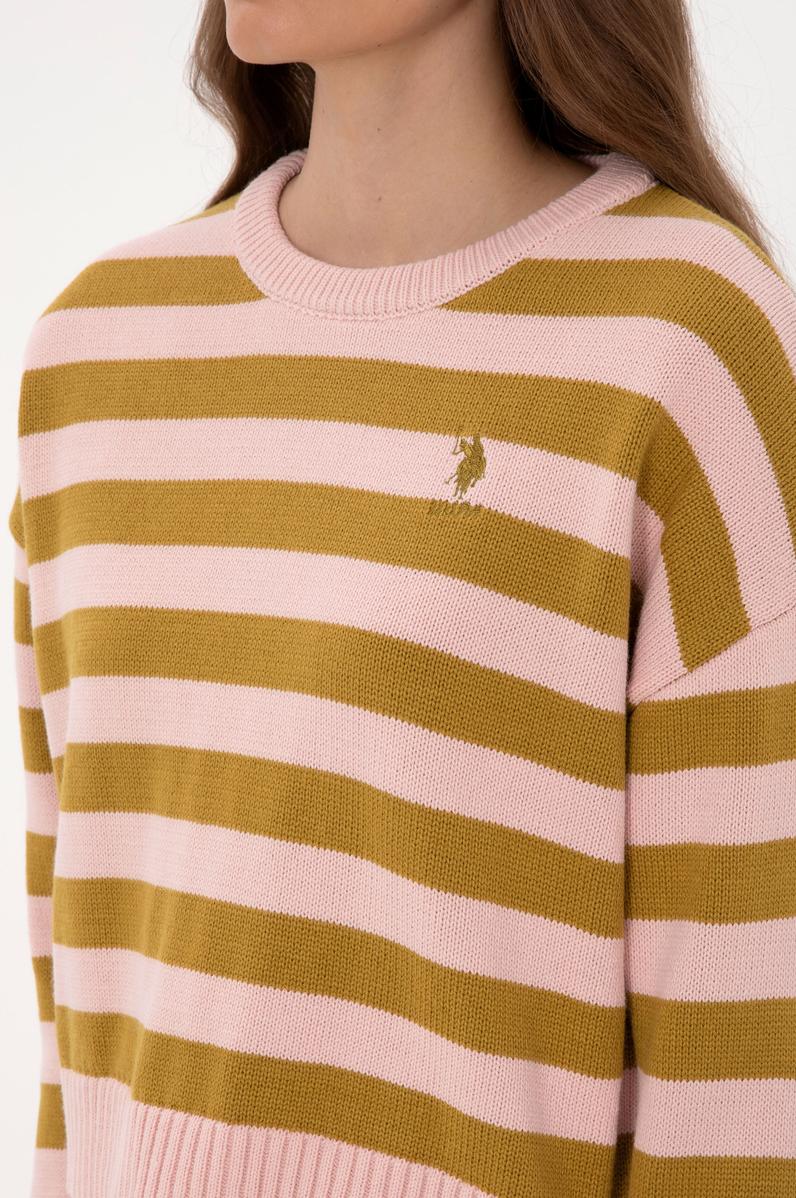 Kadın Pudra Çizgili Bisiklet Yaka Kazak