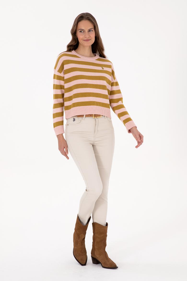 Kadın Pudra Çizgili Bisiklet Yaka Kazak - 50314653027