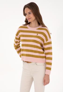 Kadın Pudra Çizgili Bisiklet Yaka Kazak - 50314653027