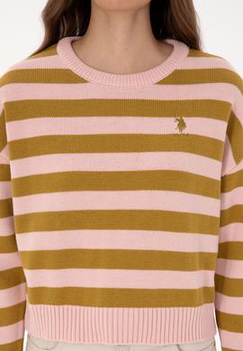 Kadın Pudra Çizgili Bisiklet Yaka Kazak - 50314653027