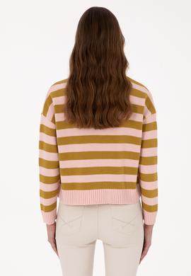 Kadın Pudra Çizgili Bisiklet Yaka Kazak - 50314653027