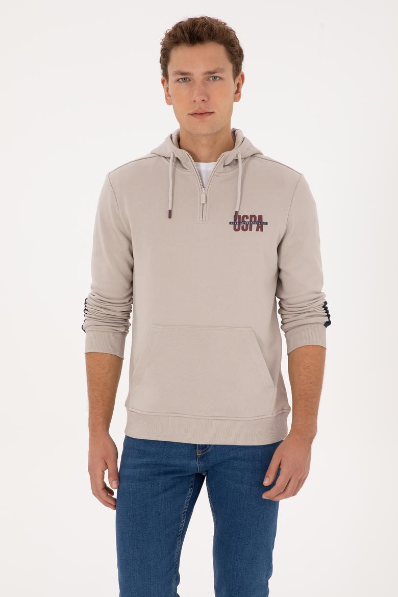 Erkek Regular Fit Yarım Fermuarlı Kapüşonlu Taş Sweatshirt - 50315525037