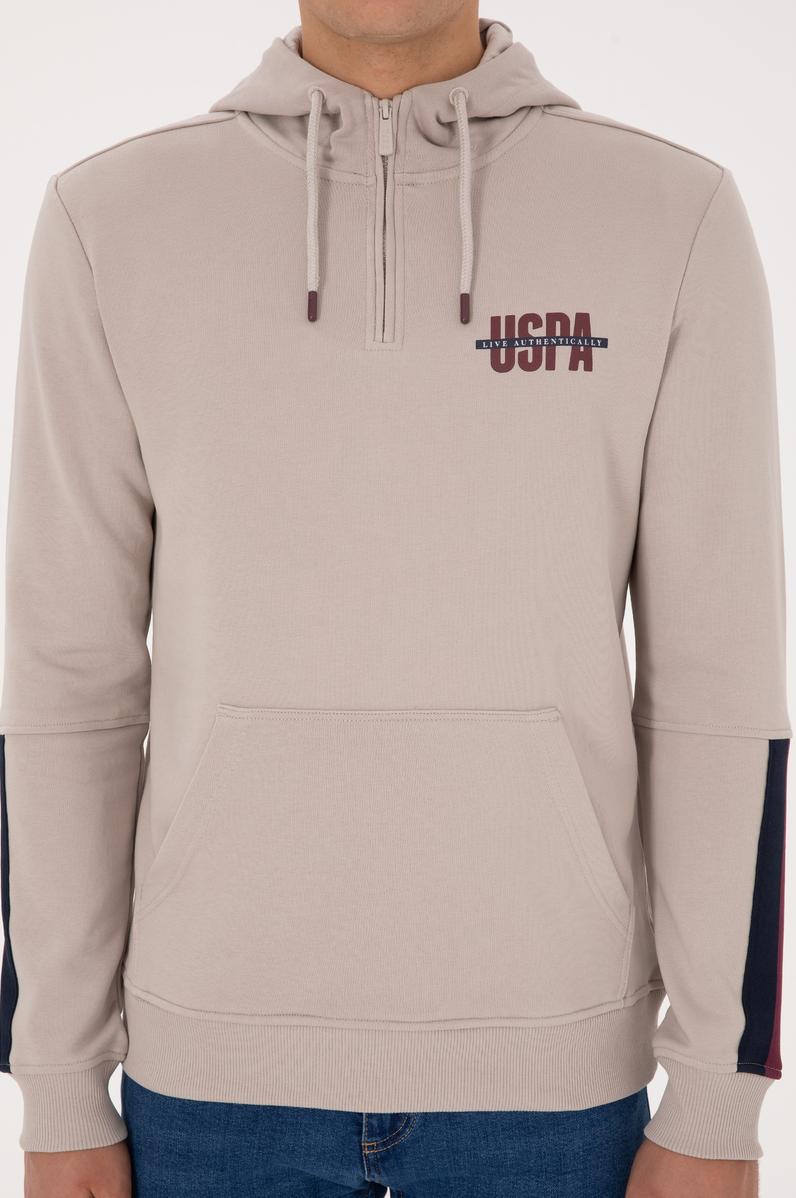 Erkek Regular Fit Yarım Fermuarlı Kapüşonlu Taş Sweatshirt