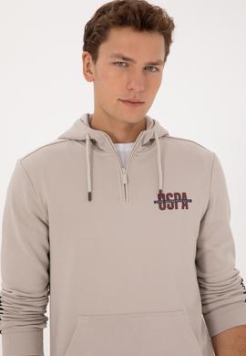 Erkek Regular Fit Yarım Fermuarlı Kapüşonlu Taş Sweatshirt - 50315525037