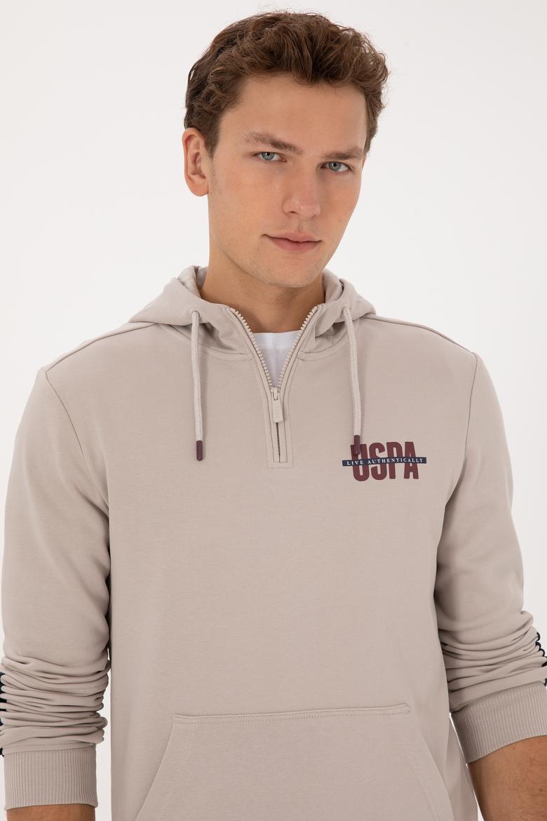 Erkek Regular Fit Yarım Fermuarlı Kapüşonlu Taş Sweatshirt - 50315525037