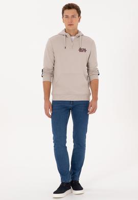 Erkek Regular Fit Yarım Fermuarlı Kapüşonlu Taş Sweatshirt - 50315525037
